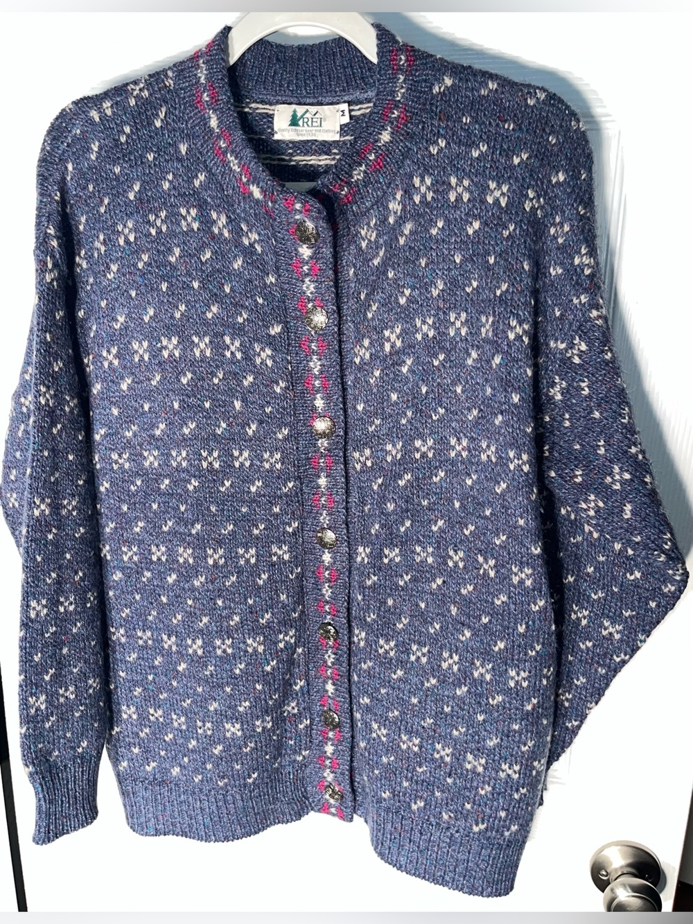 Women’s REI Vintage Nordic 85% Wool Blend Button Cardigan Sweater Medium M Rare